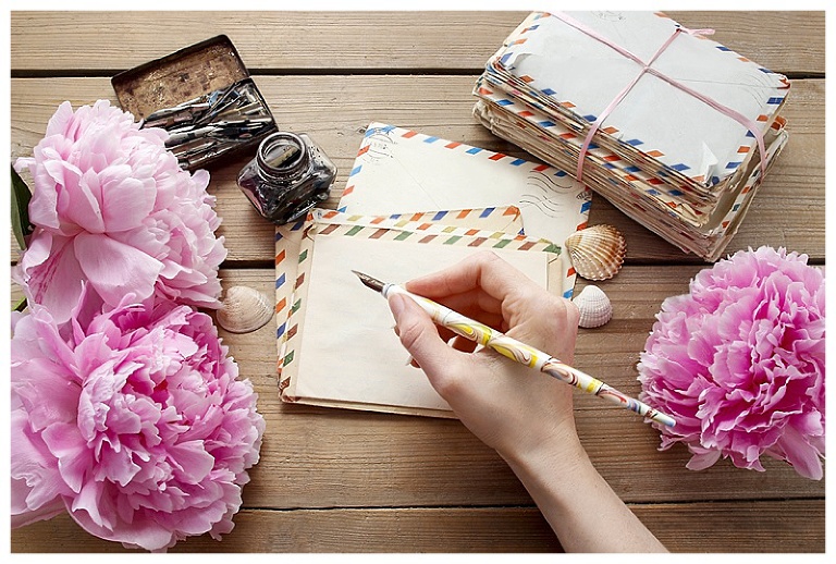 Peonies, ink and letters
